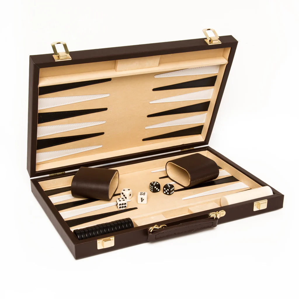 A high quality backgammon set in cream, white, and brown colors.