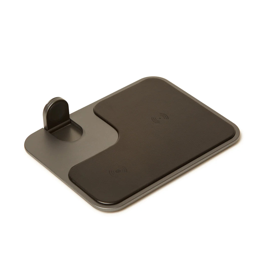 Black wireless phone charger on a white background