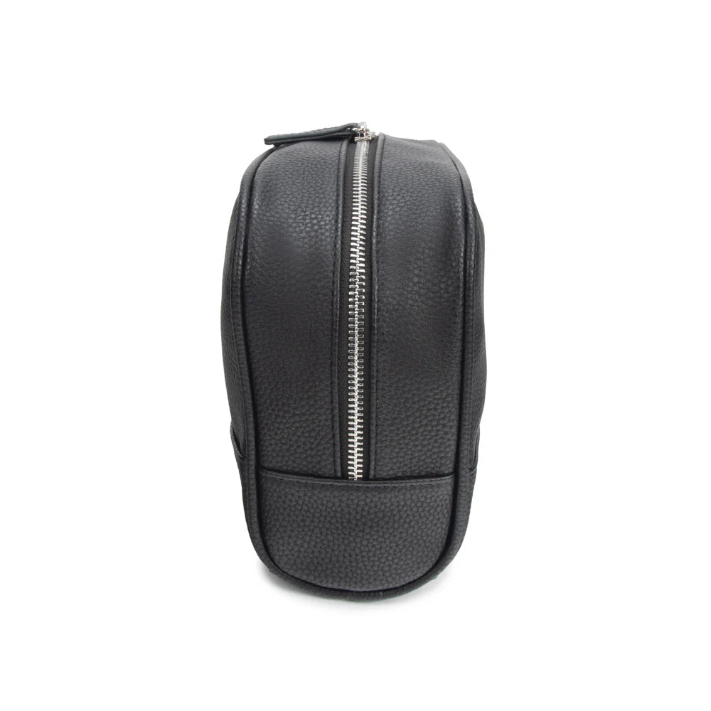 Black leather toiletry bag with a zipper on a white background
