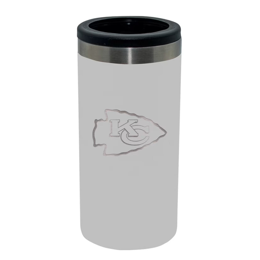 A white slim can koozie with the KC Chiefs logo printed on it.