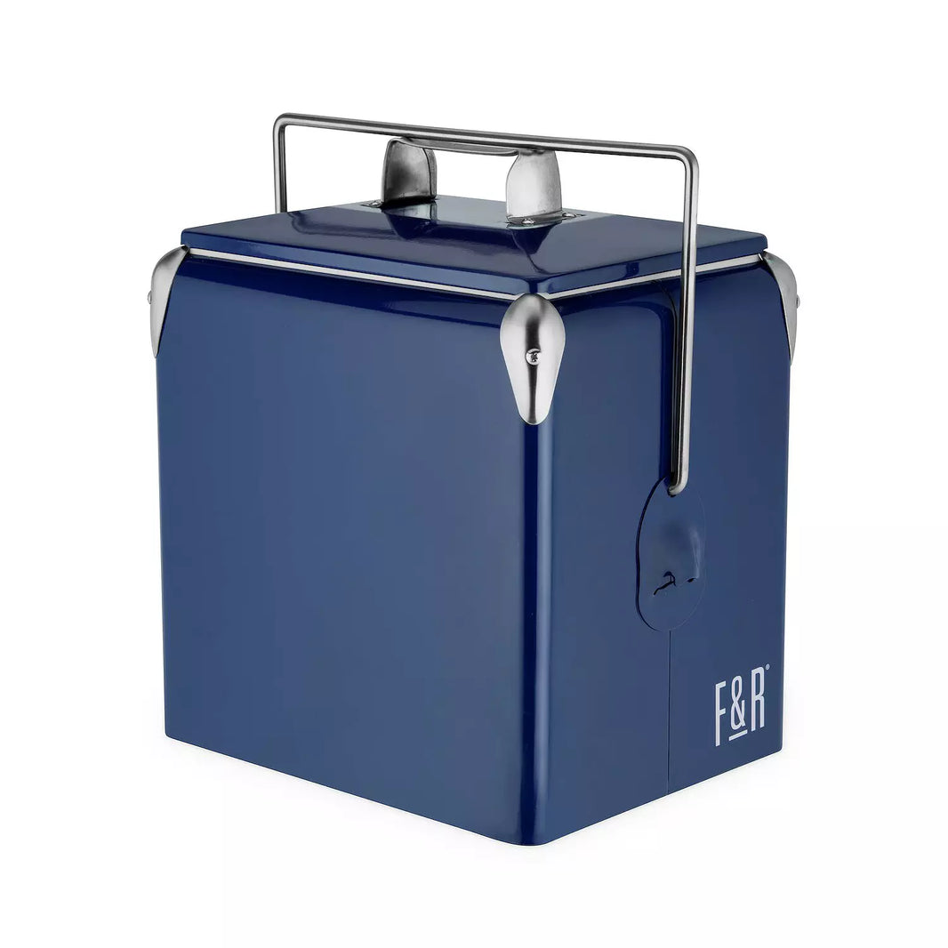 Blue metal cooler box with silver handles on a white background