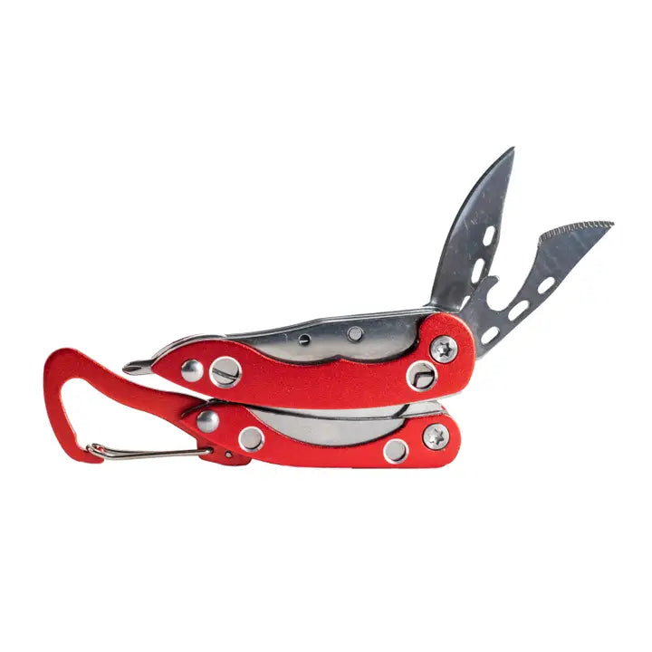 Multitool with red handle and silver blade on a white background
