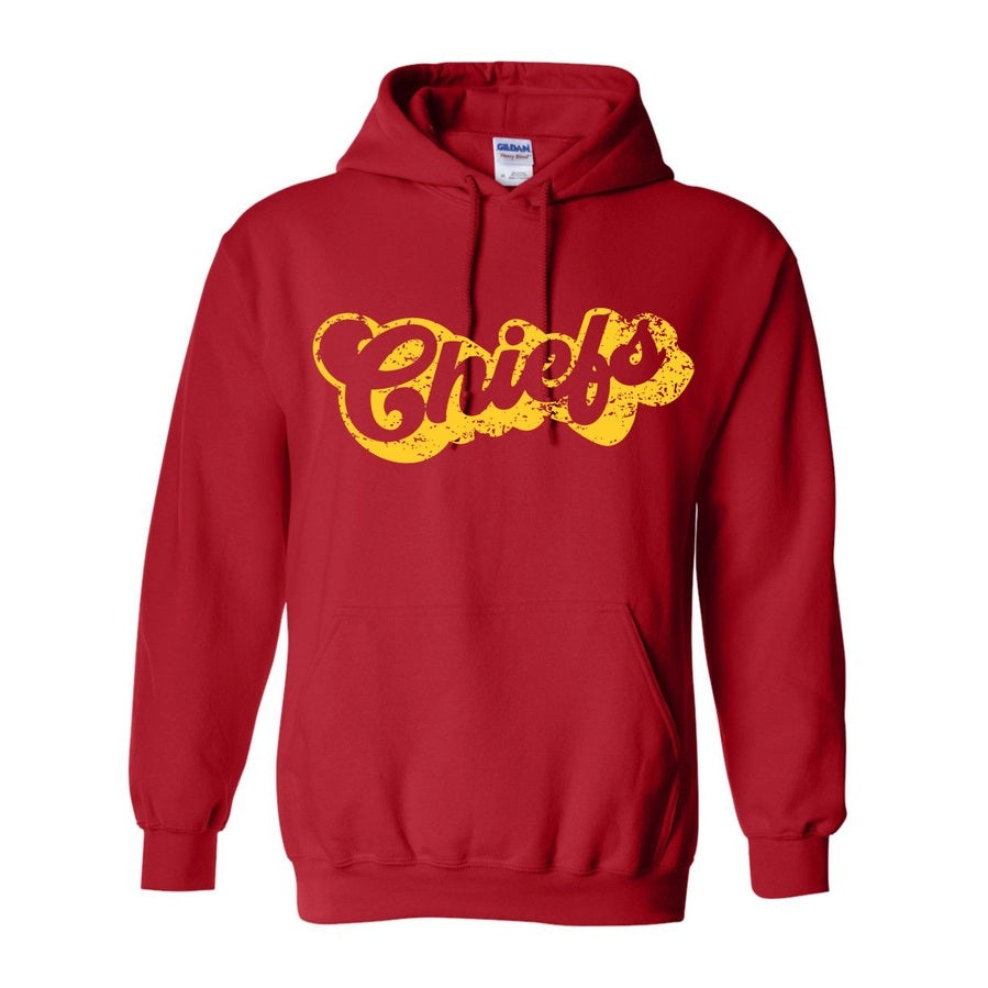 Red hoodie with 'Chiefs' text in yellow on a white background