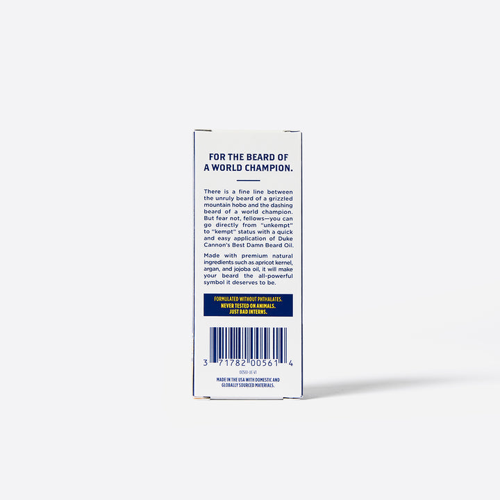 The back of a package of Duke Cannon Beard Oil with product information displayed.