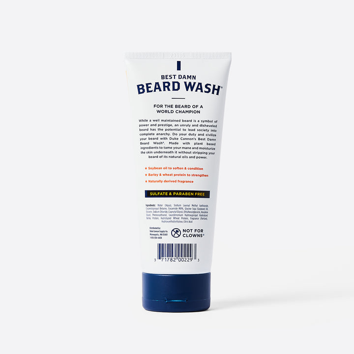 The back of a tube of Duke Cannon Best Damn Beard Wash with product information on the label.