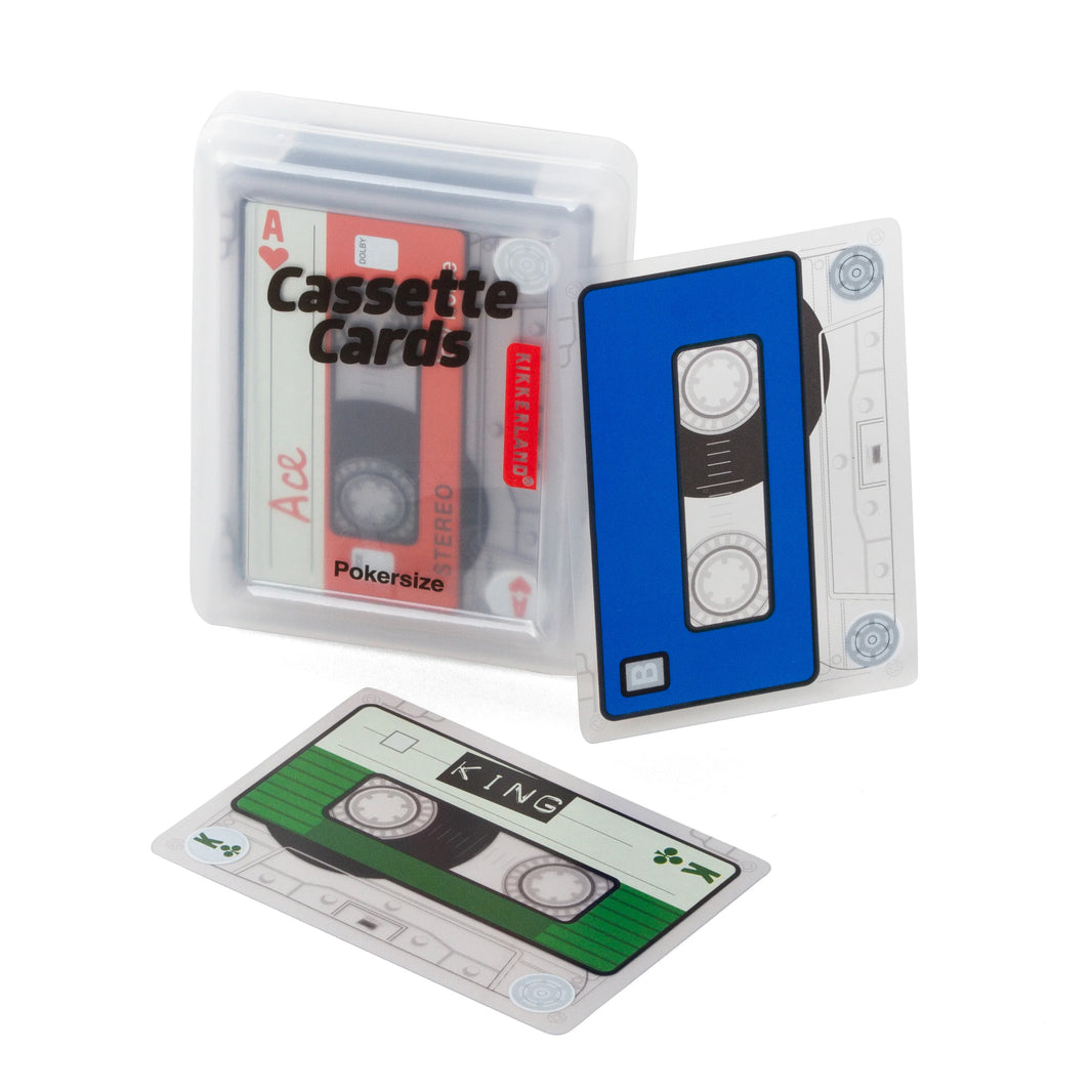 Cassette tape-shaped playing cards with a clear plastic case on a white background