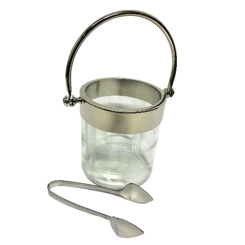 12.5" Etched Glass Ice Bucket with Silver Tongs
