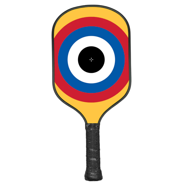 Pickleball paddle with a colorful target design on a white background