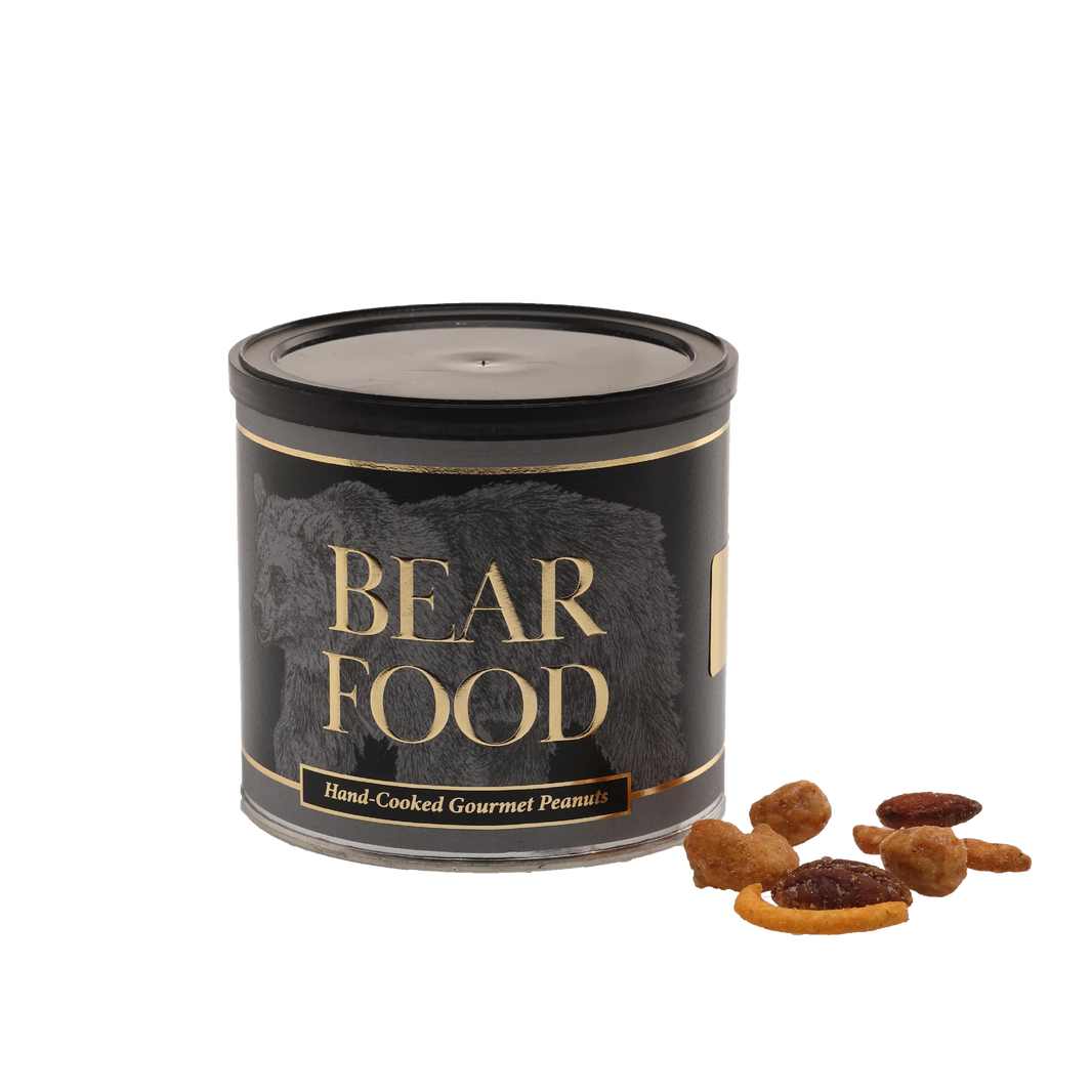 Jar labeled 'Bear Food' with small snacks on a white background