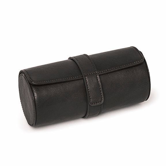 Black leather watch roll on a white background