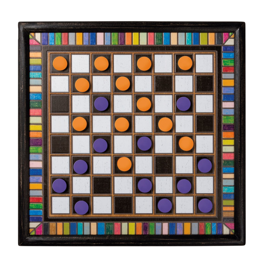 A colorful checkerboard game with orange and purple pieces on the board, with a multicolored border.