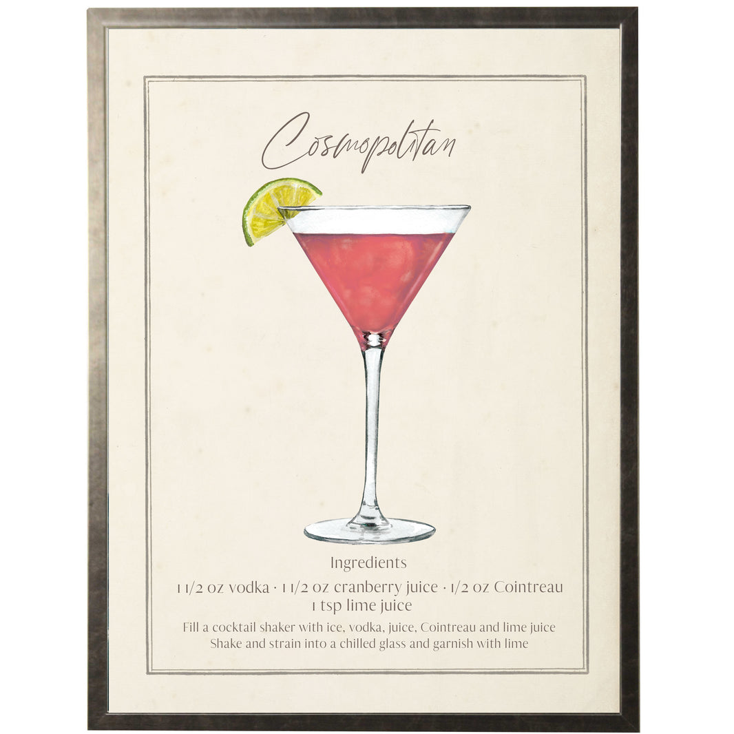 Art print of a watercolor painting of a Cosmopolitan Cocktail and Recipe