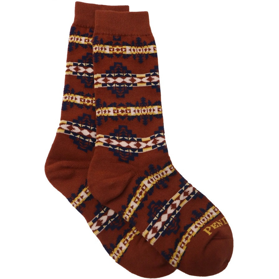 Pair of brown socks with geometric pattern on a white background
