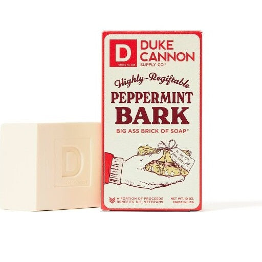 Duke Cannon peppermint bark soap bar and packaging on a white background