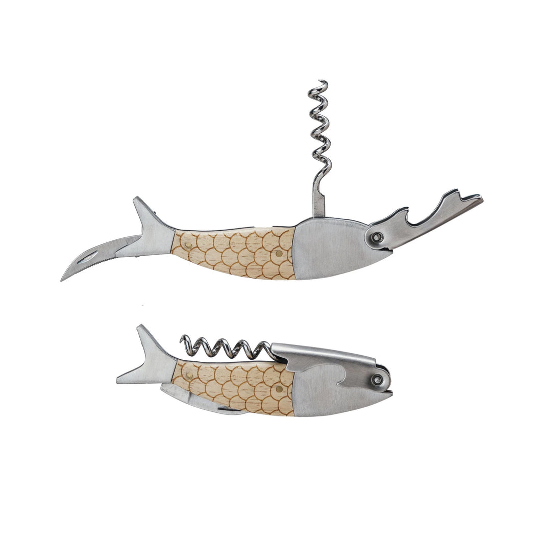 A fish-shaped bottle opener made of wood with a metal corkscrew mechanism, bottle opener, and foil cutter.