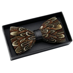 Brown feathered bow tie in a black box on a white background