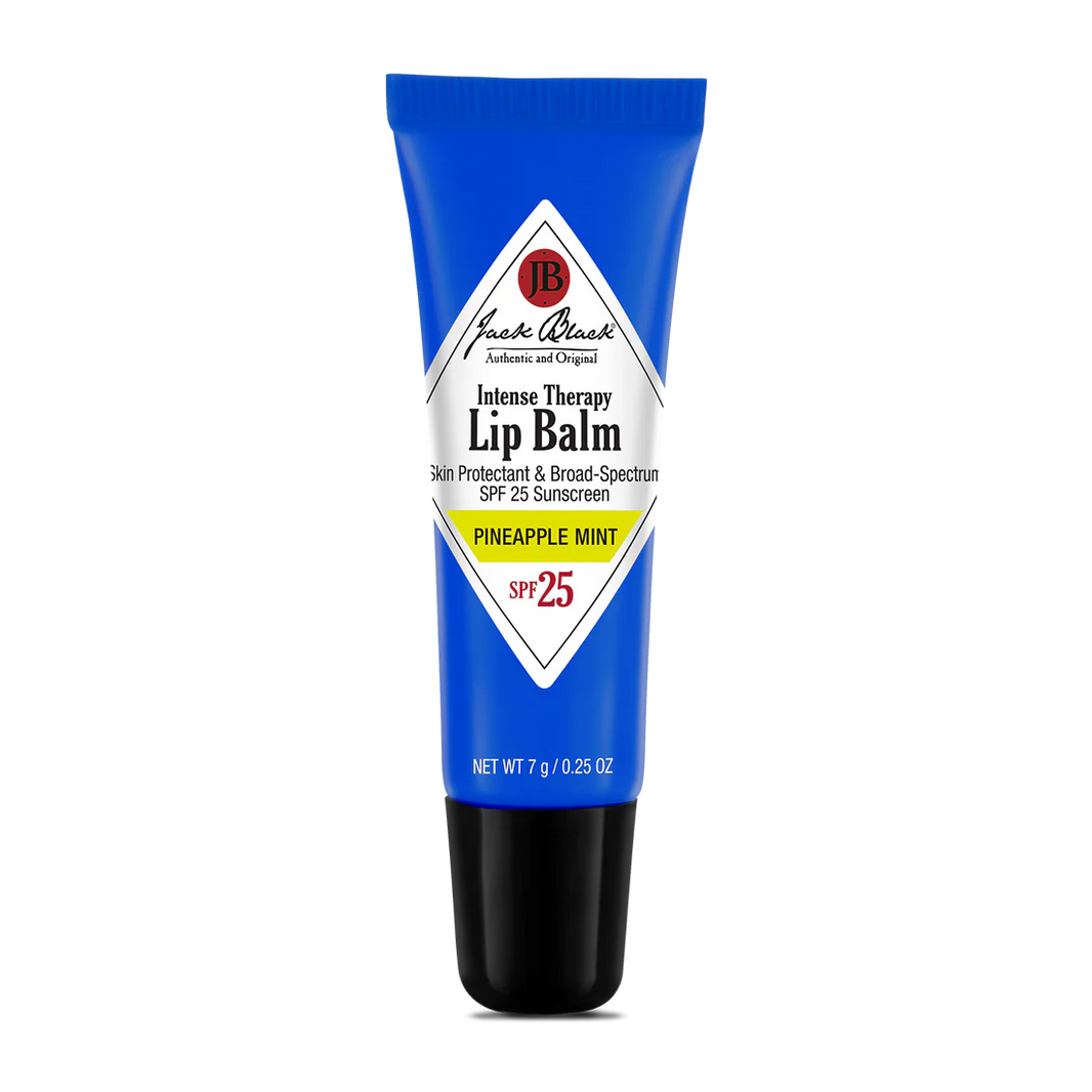 A tube of Jack Black Intense Therapy Lip Balm with SPF 25, blue packaging with white and black labeling.