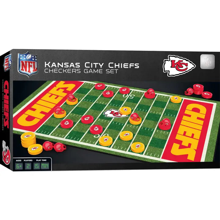 Kansas City Chiefs checkers game set packaging with board and pieces.