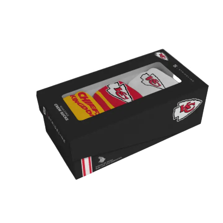 Black packaging box with Kansas City Chiefs logo socks on a white background