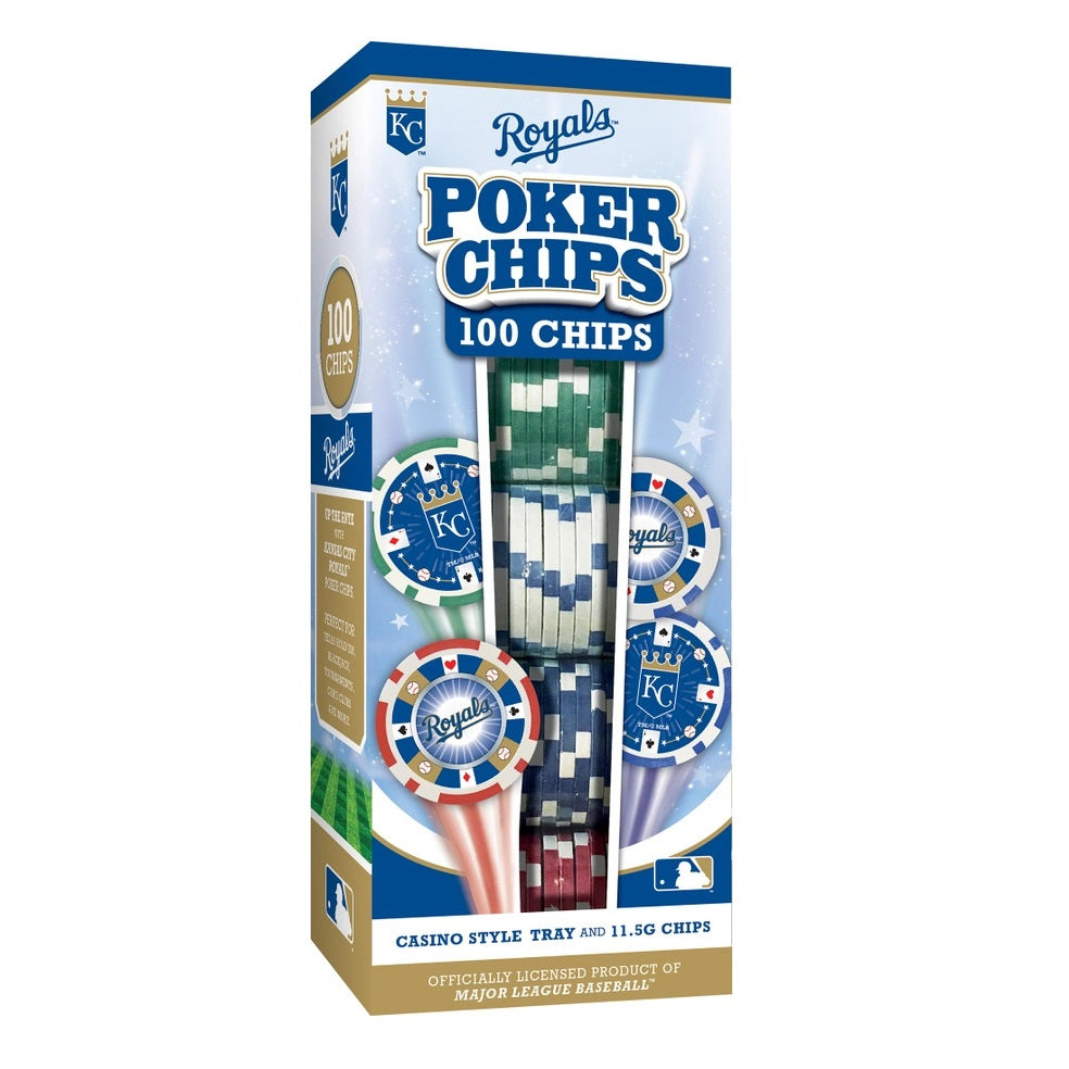 Box of Kansas City Royals poker chips with information such as 'casino style' and '11.5g' on the label, on a white background