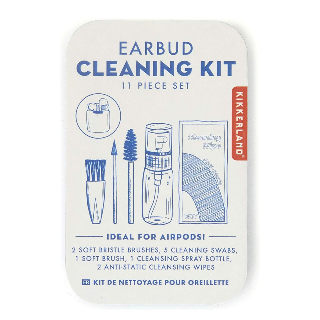 Earbud cleaning kit packaging with illustrations and text on a white background