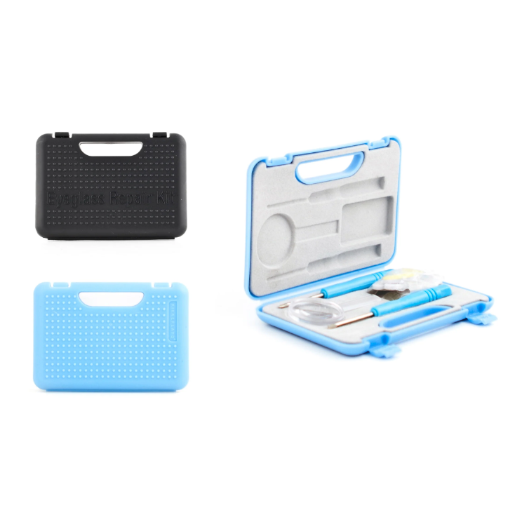 Eyeglass tool kit including a flat-head screwdriver, a phillips-head screwdriver, a magnifying glass, screws, and nose pads, displayed in its clamshell packaging.