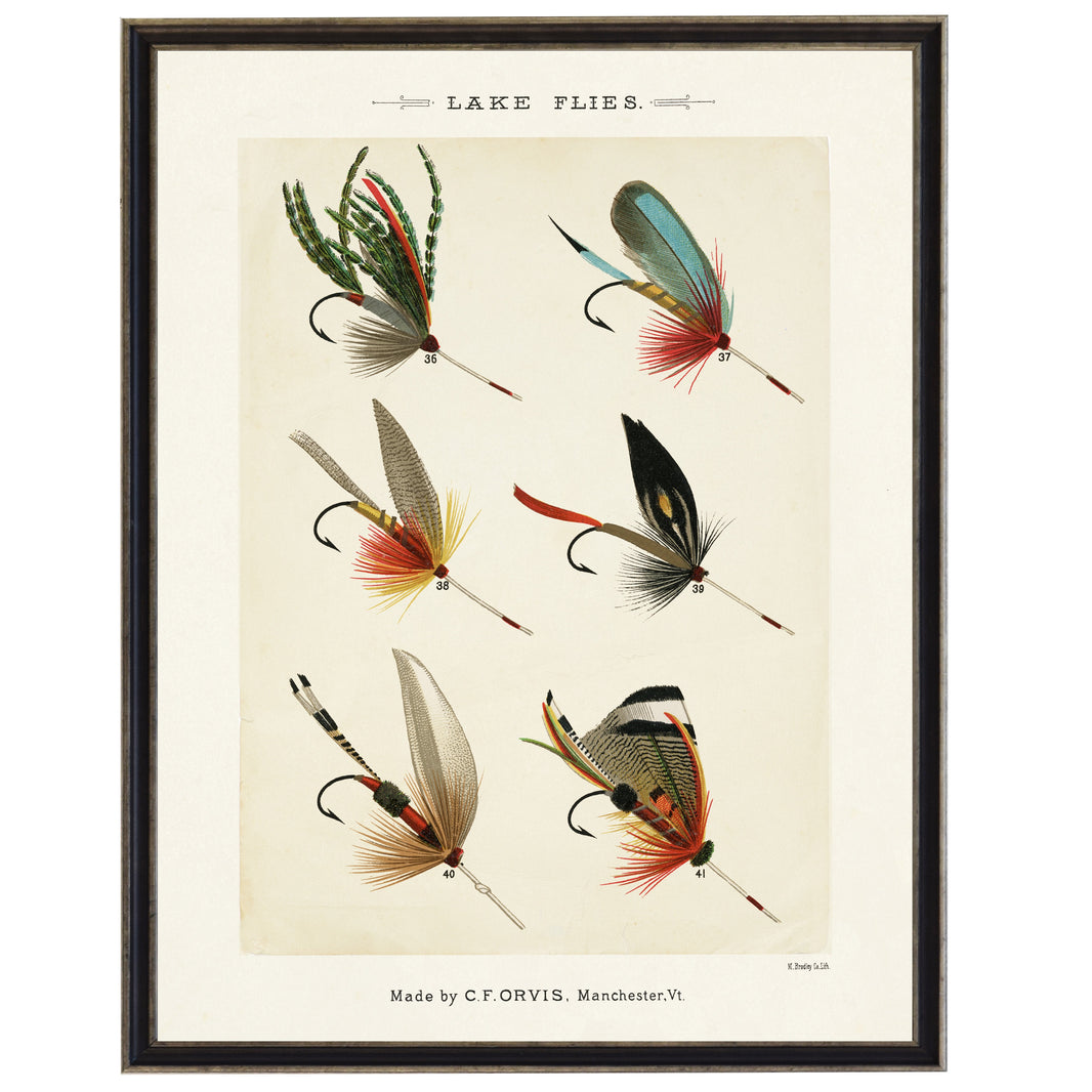 Illustration of various lake flies with text 'Lake Flies' and 'Made by CF. Orvis, Manchester VI'.