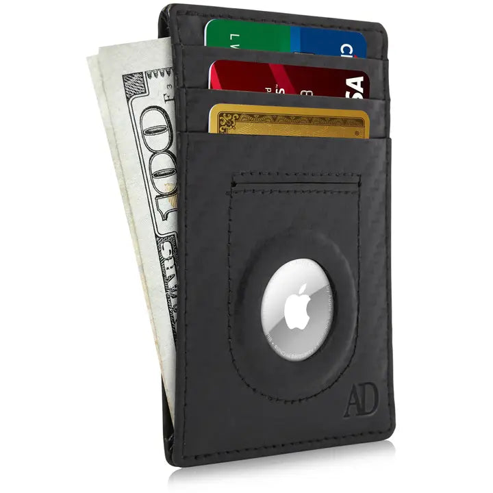 Black wallet with Apple logo holding money and cards on a white background