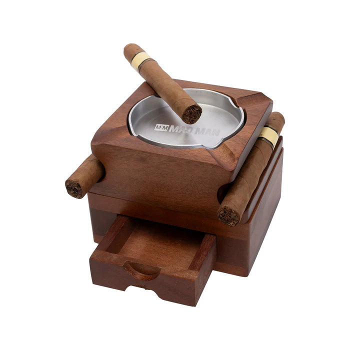 A finely crafted wooden cigar ashtray with a drawer for additional storage, featuring multiple cigar slots.