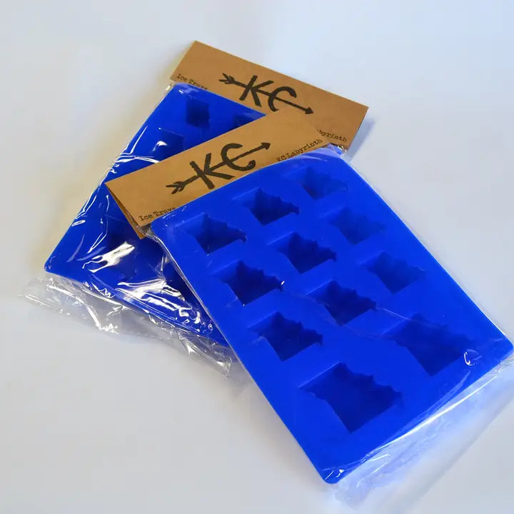 A pair of blue ice cube trays with blocks shaped like the state of Missouri