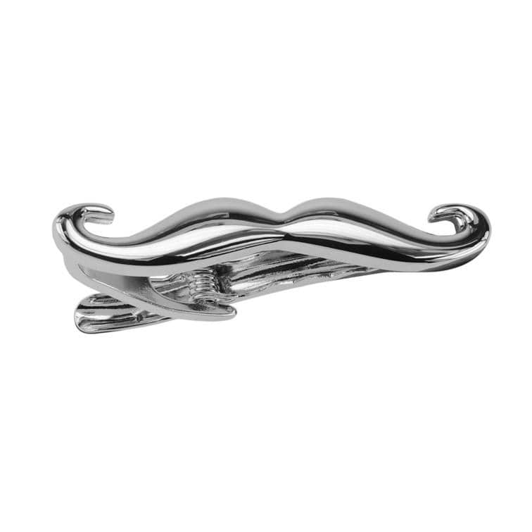 A silver-colored tie bar with a mustache design.