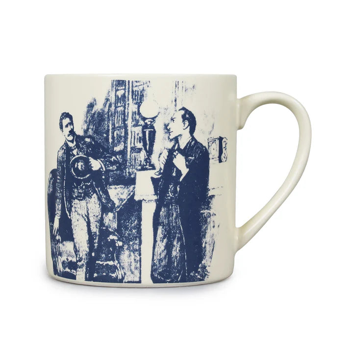 A white ceramic mug with blue and black illustrations featuring characters from 'The Adventures of Sherlock Holmes'.