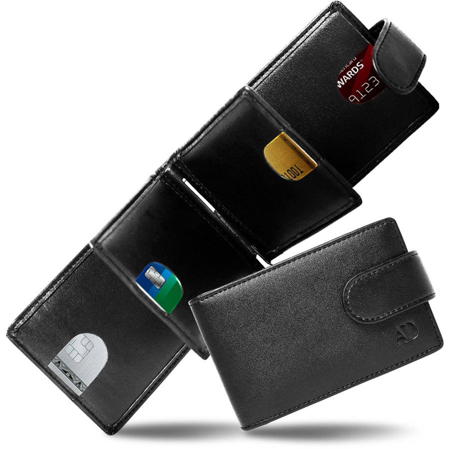 A black RFID blocking bifold wallet with a second wallet unfolded to show the cards inside on a white background.