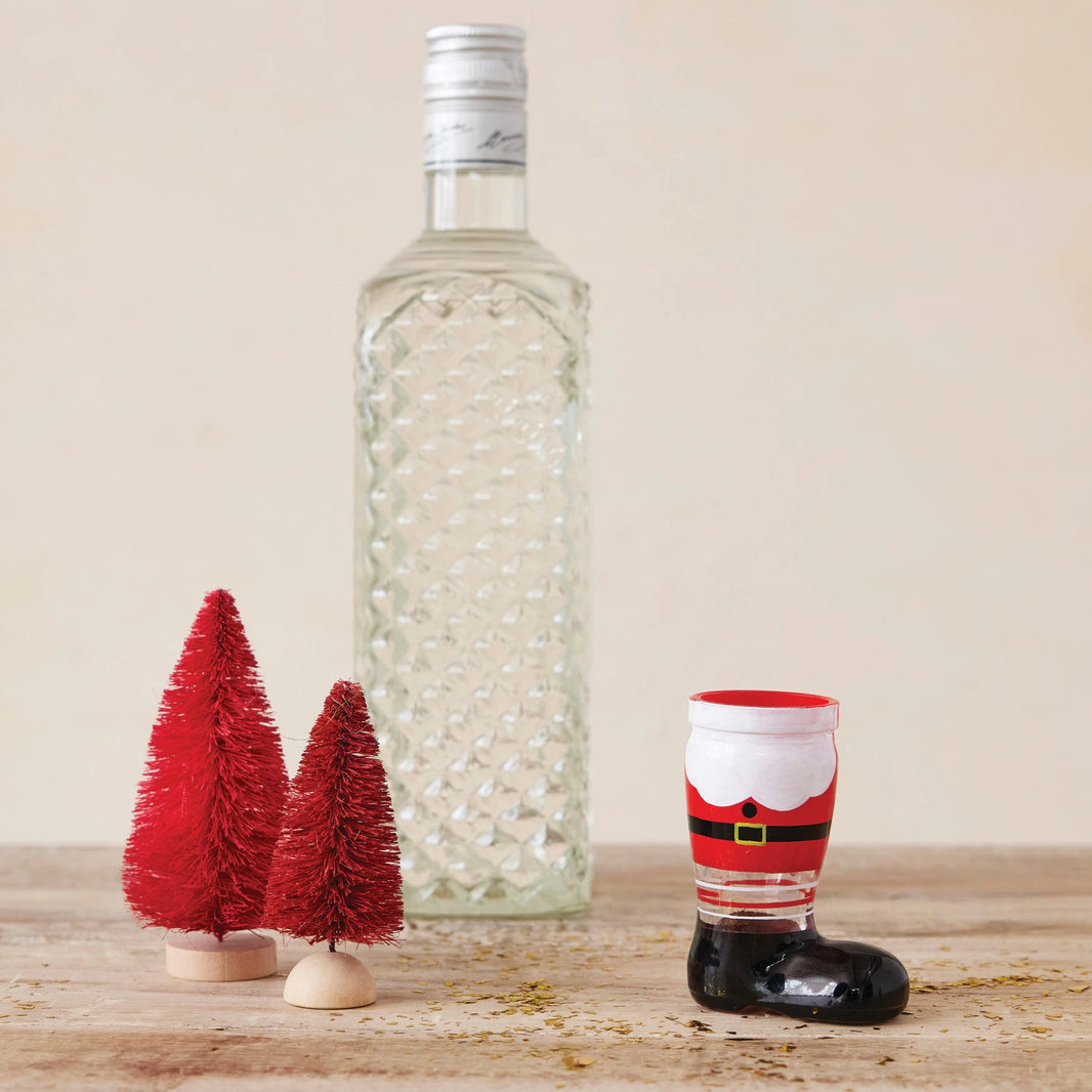 2 Oz. Hand-Printed Santa Boot Shaped Shot Glass | Red, Black & White