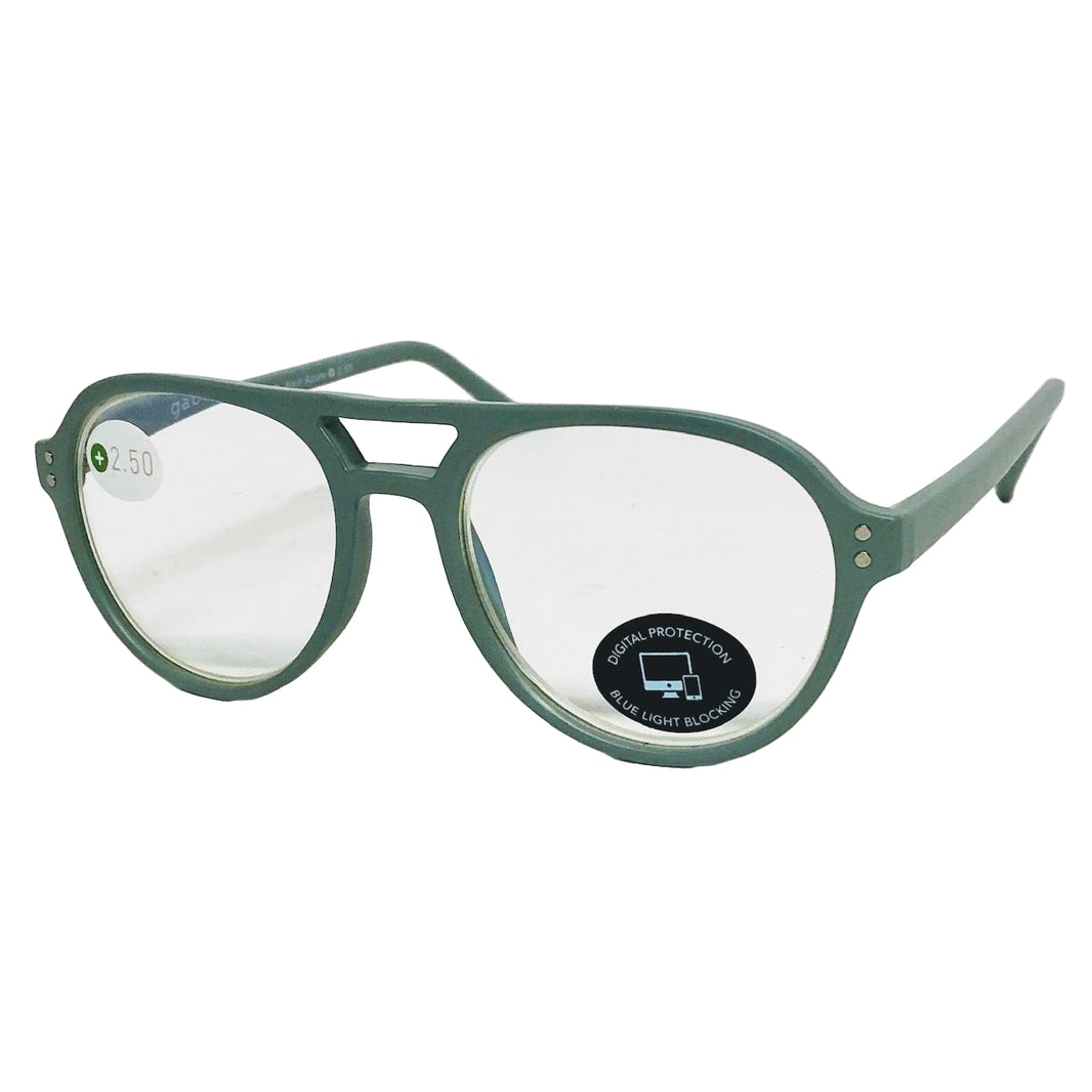 A pair of Gabriel and Simone reading glasses in +2.50 with a matte azure color frame and a sticker that says "digital protection blue light blocking."
