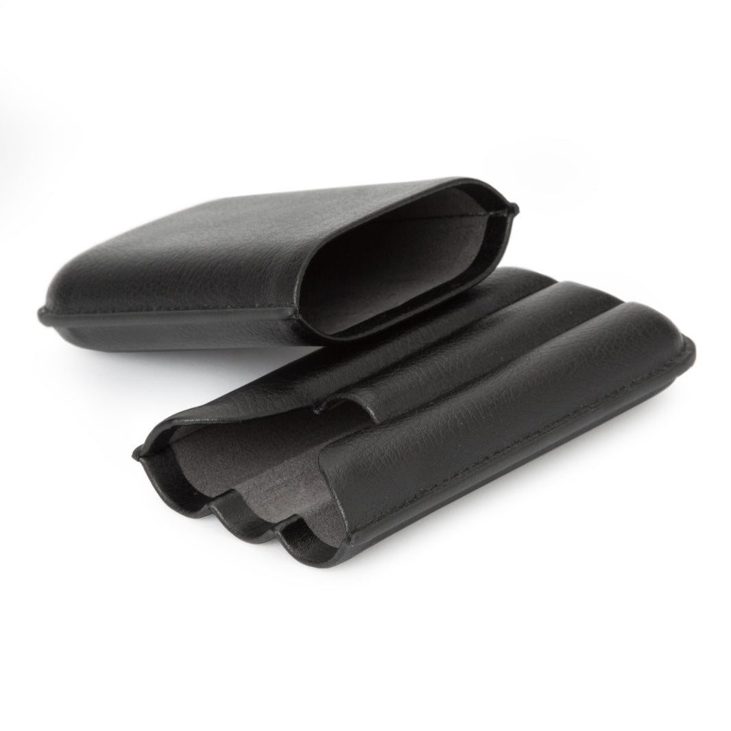 A 3 piece cigar case in black coloring with ultrasuede leather interior.