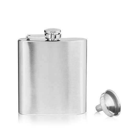 A stainless steel flask with the cap beside it on a white background.