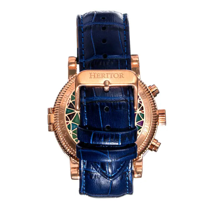 Legacy Leather Band Watch with Day/Dates (Gold with Blue Leather) | Heritor Automatic
