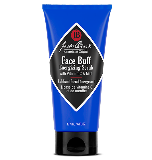 A tube of Jack Black Face Buff Energizing Scrub with blue packaging.
