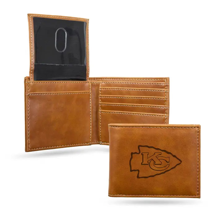 NFL Kansas City Chiefs Brown Laser Engraved Billfold Wallet | Rico Industries