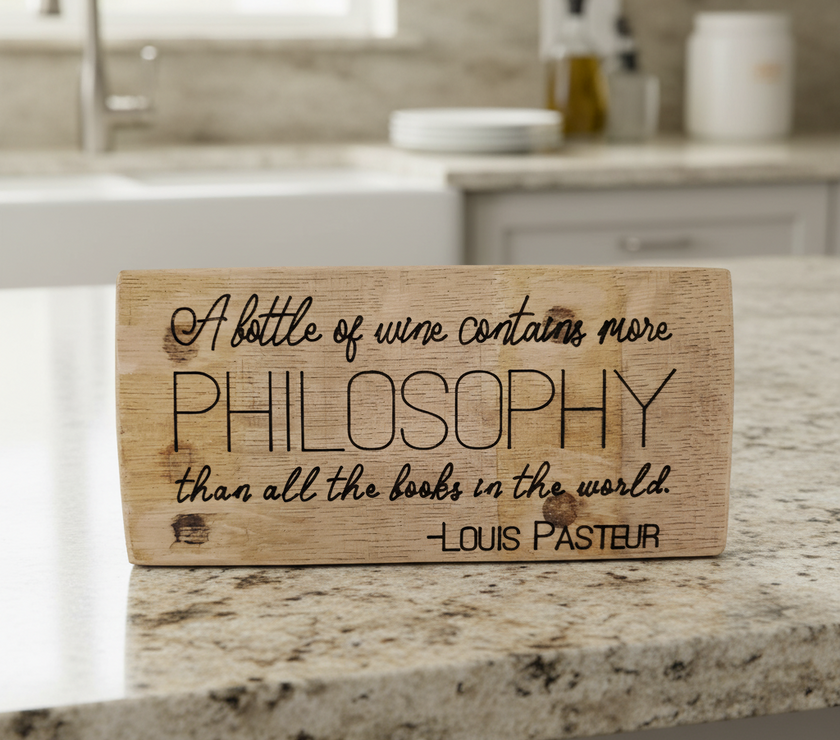 "A Bottle of Wine Contains More Philosophy Than All the Books in the World" - Louis Pasteur | Wood Sign