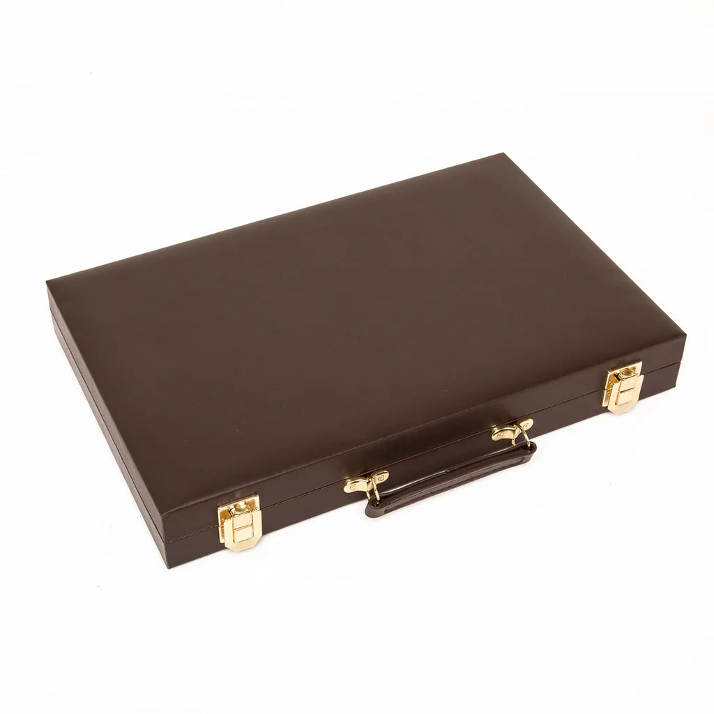 Brown closed backgammon set with gold hardware on a white background