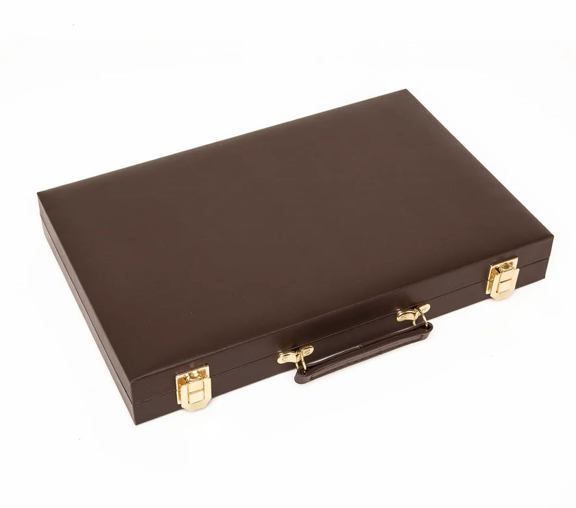 Brown closed backgammon set with gold hardware on a white background