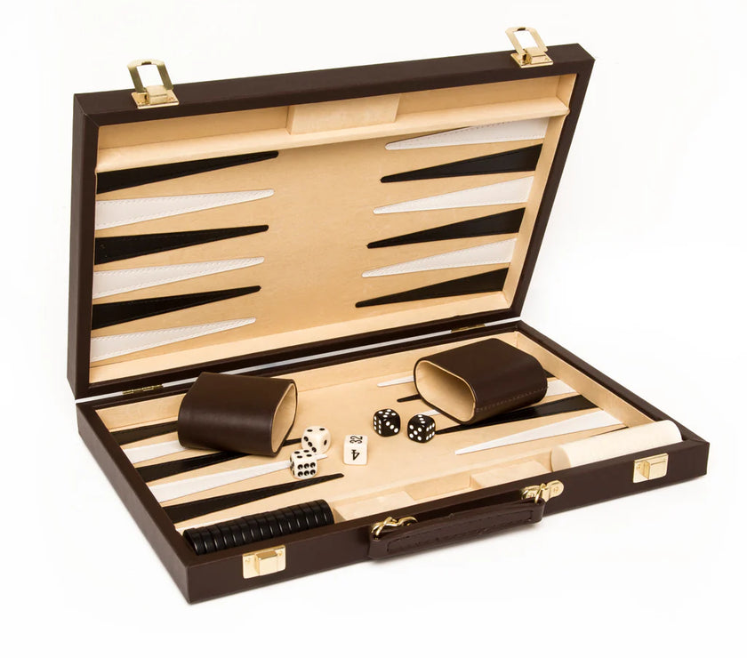 A high quality backgammon set in cream, white, and brown colors.