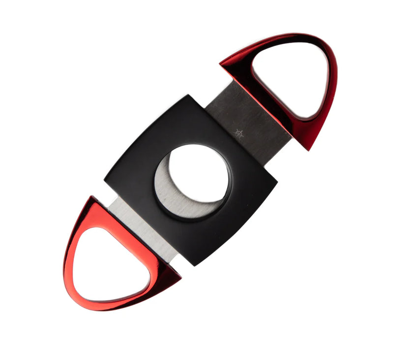 Cigar cutter with red and black design on a white background