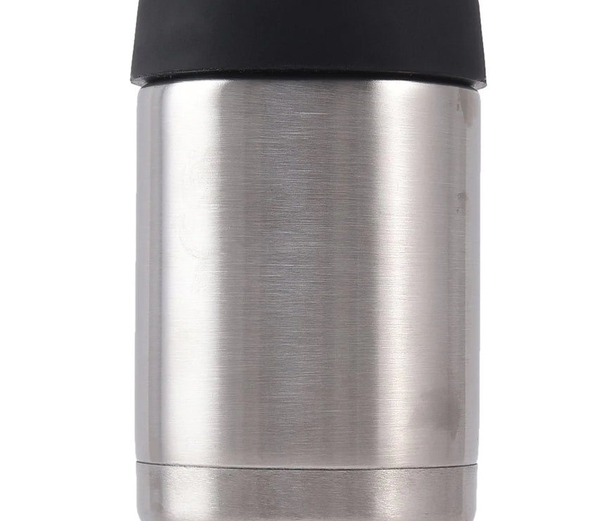Stainless steel bottle holder on a white background.