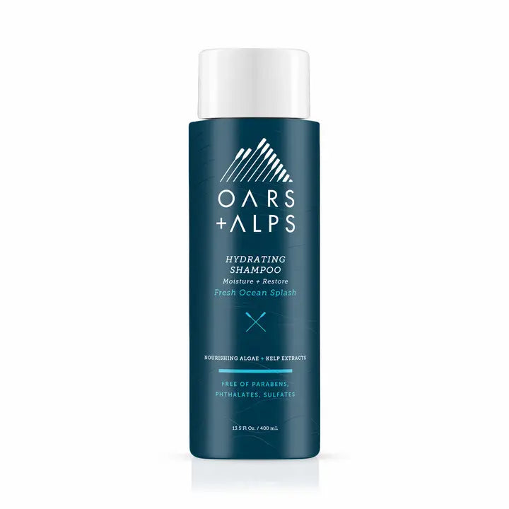 Oars + Alps hydrating shampoo bottle on a white background