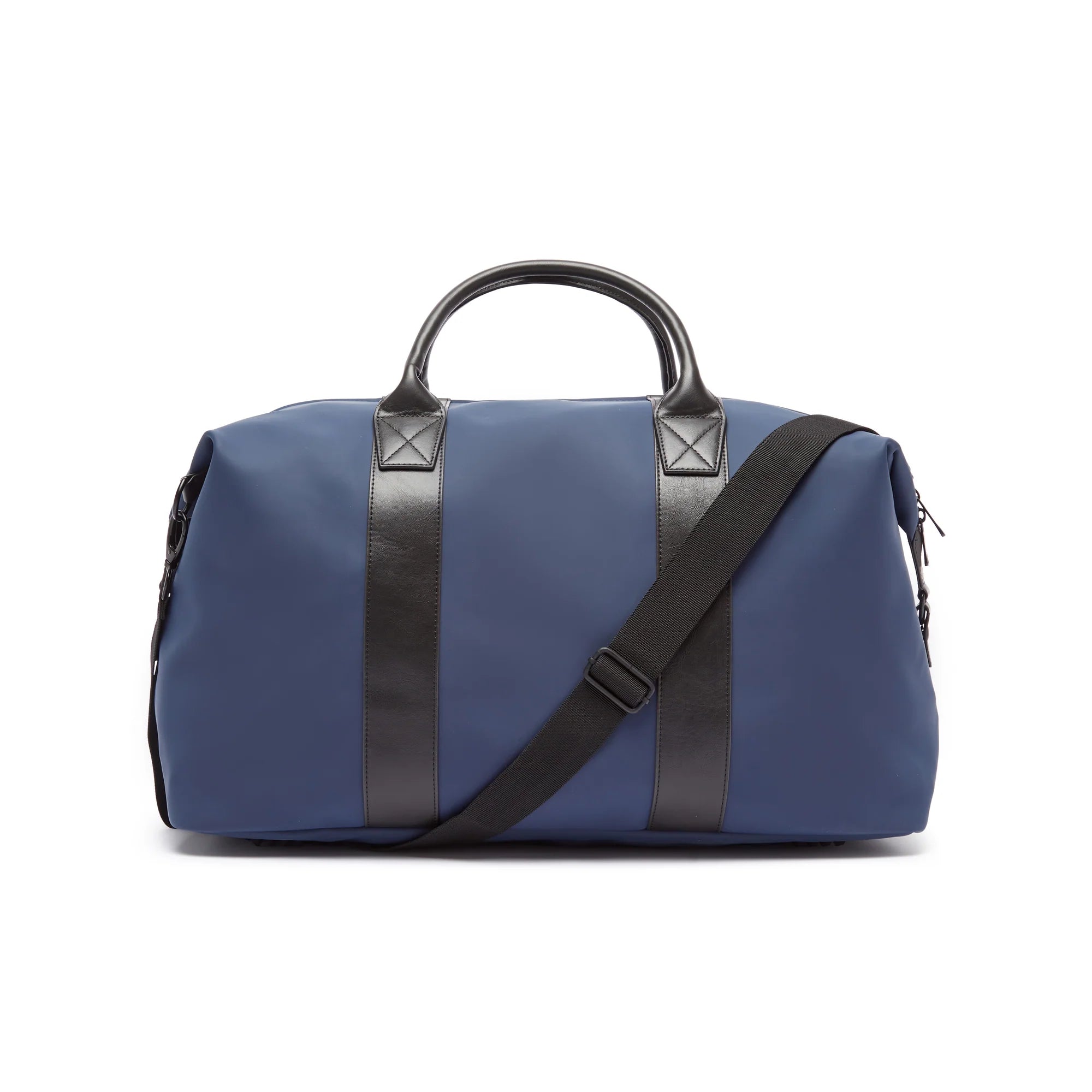 Blue duffel bag with black straps on a white background