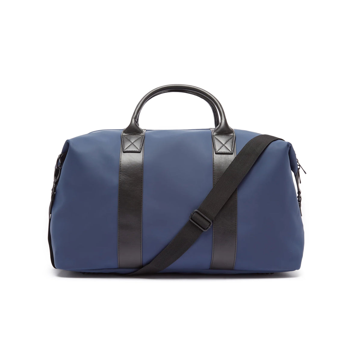 Blue duffel bag with black straps on a white background