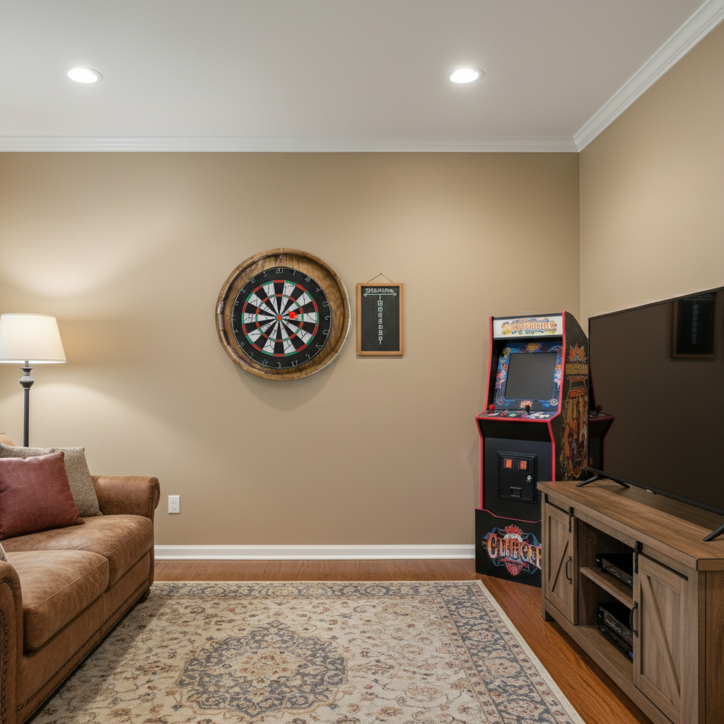 Game room with dartboard, arcade machine, and television.